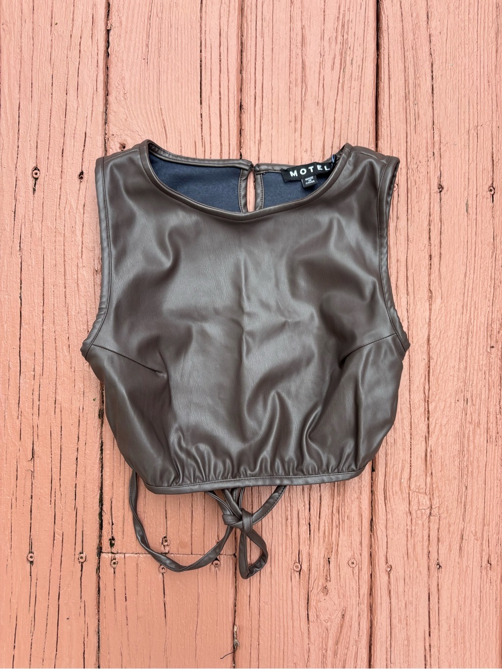 Motel Brown Faux Leather Cropped open back tie Tank S